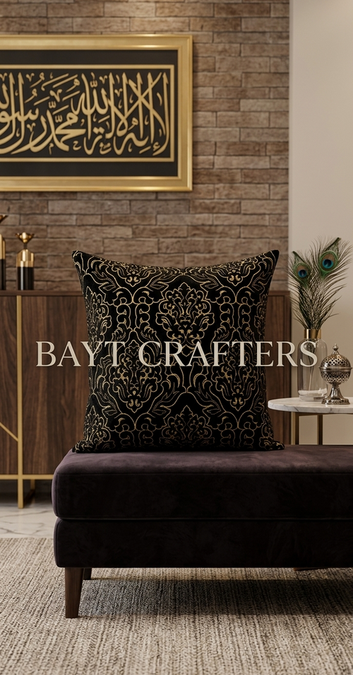 Black and gold luxury damask pattern sofa cushion by Bayt Crafters